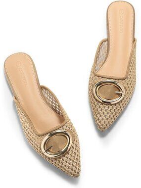 Women's Coffee Flats Mules Metal Closed Pointed Toe Slip On Summer Dress Shoes